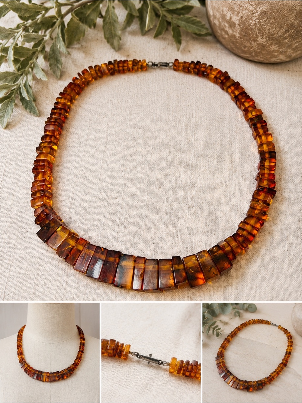Vintage Baltic Amber Necklace Real Cognac or Honey Colored Square Amber Beads